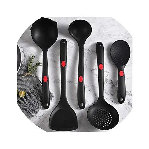 Premium Quality Silicone Cooking Tool Sets Kitchen Cooking Utensils Kitchenware Cookware/Turner Colander Strainer Soup Spoon,Red 5Pcs