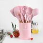 JunbosiKitchenware Solid Wood Handle with Storage Bucket Pink Silicone Kitchenware 11 Piece Set