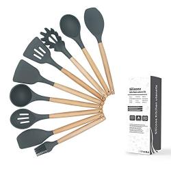 YILUYC Silicon Utensils for Cooking, Kitchenware Set of 9 with Wooden Handles Environmentally Friendly Silicone High Temperature Resistance Gray