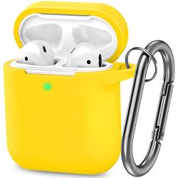 AirPods Case, Silicone Cover with U Shape Carabiner,360°Protective,Dust-Proof,Super Skin Silicone Compatible with Apple AirPods 1st/2nd (Yellow)