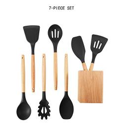 CWXDIAN Solid wood handle silicone kitchenware set combination nonstick cooking tool set, 7 sets