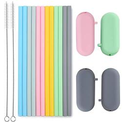 Sunseeke Silicone Straws Set - Odorless, 12 Standard Reusable Drinking Straws, 4 Carry Pouch, 2 Cleaning Brushes, FDA Certificated Food Grade Platinum Silicone - 8 1/2" Long