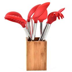 Kitchen Supplies Storage Bucket Kitchen Wooden Handle Silicone Kitchenware Set of 8 Cooking Spoon Shovel Set + Tool Accessories (Color : Red)