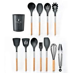 Kitchen Utensil Set 11 Piece Set - High Temperature Silicone Baking Barbecue Kitchenware, Storage Bucket Stainless Steel Wooden Handle Handle Kitchen Gadget