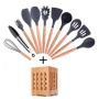 MEIGONGJU 11-PCS Kitchen Utensils Set Silicone with Holder Spoon Turner Tongs Spatula Cooking Utensil Tools Sets Wood Cookware Kitchenware,C
