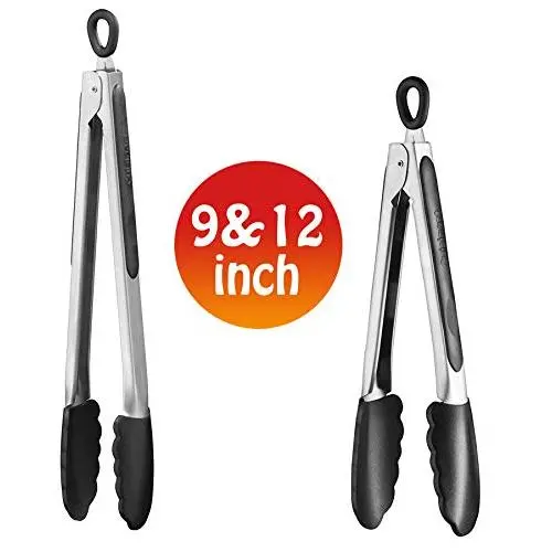 Cuisinart Set of Kitchen Tongs for Cooking or Grilling: Includes 9 and 12 Inch Stainless Steel, Heat Resistant Locking Tongs with Silicone Tips - Perfect for BBQ, Grill or Household Cooking - 2 Pack