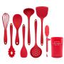 Silicone kitchenware 9 Pieces Red Silicone Cooking Utensils Kitchen Utensil Set Wooden Handles Cooking Tools For Nonstick Cookware Includes Tongs Pasta Fork Whisk Soup Spoon And More Nonstick Heat Res