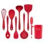 Silicone kitchenware 9 Pieces Red Silicone Cooking Utensils Kitchen Utensil Set Wooden Handles Cooking Tools For Nonstick Cookware Includes Tongs Pasta Fork Whisk Soup Spoon And More Nonstick Heat Res