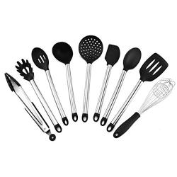 JunbosiKitchenware Silicone Kitchenware 9 Piece Set Stainless Steel Handle Cooking Shovel Spoon Hollow Handle Nonstick Spatula