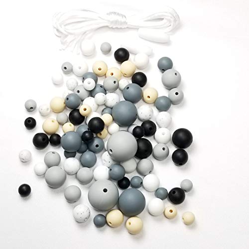 Silicone Beads 100PC Various Round Sizes & Color for Necklace, Bracelets & Other DIY Jewelry Projects BPA Free (100 Pieces, Charcoal Grey Mix)