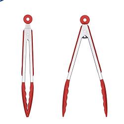 Jdeepued Silicone kitchenware 3-Piece 7" 9" 12" Kitchen Tongs Heavy Duty Non-Stick Clamp Clip for Kitchen BBQ Cooking Grilling Buffet Salad Bread Red Black Silicone Kitchen Utensils