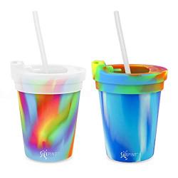 Silipint Safe Silicone Kids 8oz Cups Arctic & Hippie Hop, U.S. Patented, BPA-Free, Unbreakable, Sealable Lid, Silistraws Included (2 Cups/Lids and Straws)