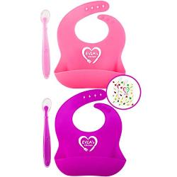 Silicone Bibs for Babies | Adjustable Waterproof Baby Bib Easy Clean | Soft Baby Spoons Promotes Baby Led Weaning & Self Feeding | Extra Baby Spoon & Food Pouches Reusable