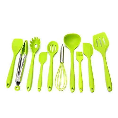 10 Pcs Silicone Kitchen Cooking Set - Kitchenware Utensils Baking Tool Nonstick Heat Resistant Cookware Turner Brush Spoon Spatulas Green