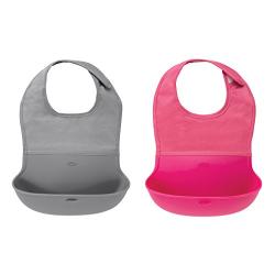 OXO Tot Waterproof Silicone Roll Up Bib with Comfort-Fit Fabric Neck, 2 Pack, Gray/Pink