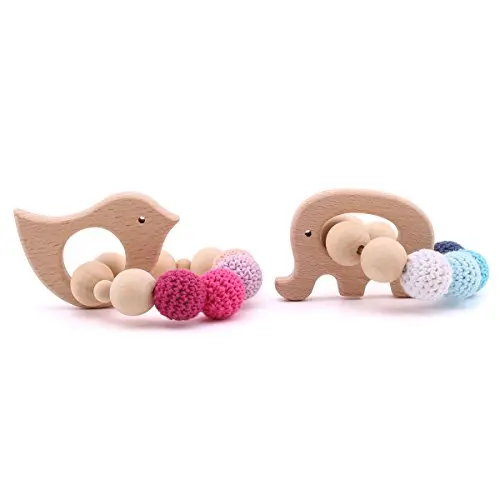 2pc baby Wooden Teethers Organic Elephant Bird shaped Teething Chewable Toy Montessori Baby Teething Gift Baby Teether Toy