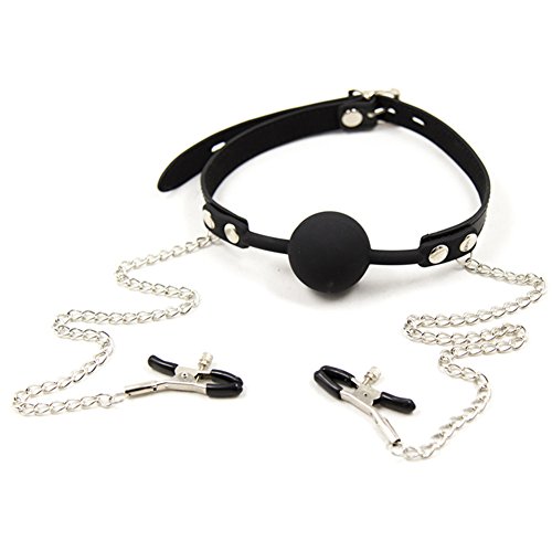 Fetish Sex Toys,2m? Silicone Mouth Gag with Link Clamps Adjustable Couples Play Ball Gags,Black