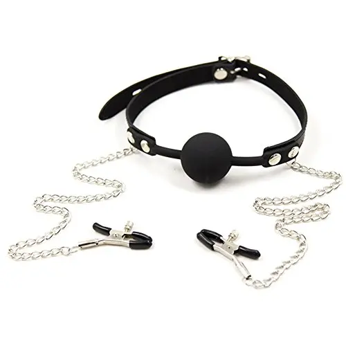 Fetish Sex Toys,2m? Silicone Mouth Gag with Link Clamps Adjustable Couples Play Ball Gags,Black