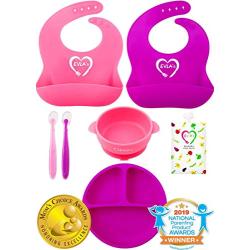 Baby Feeding Set | Silicone Bib Plates Bowls Spoons | Divided Plate Suction Bowl & Soft Spoon Aids Self Feeding | Adjustable Bib Easily Wipe Clean | Spend Less Time Cleaning Up After Toddler/Babies