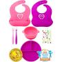 Baby Feeding Set | Silicone Bib Plates Bowls Spoons | Divided Plate Suction Bowl & Soft Spoon Aids Self Feeding | Adjustable Bib Easily Wipe Clean | Spend Less Time Cleaning Up After Toddler/Babies