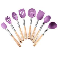 Silicone Cooking Kitchen Utensil Set 8 Pieces, Wooden Handle Silicone Kitchenware Multi-Function Cooking Kitchen Gadget For Non-Stick Cookware, purple