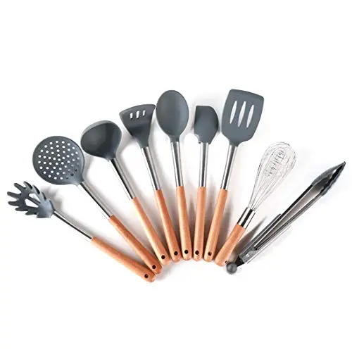 Kitchen Tools Wooden Handle With 9 Sets Of Silicone Handles Cooking Spoon Shovel Kitchenware Set (Size : 9 piece)