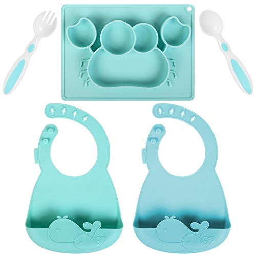 Syntus Baby Feeding Set, Waterproof Silicone Bib Easily Wipes Clean, Adjustable Soft Toddler Bibs Keep Stains Off, Silicone Suction Plate & Soft Spoons, Safe for Children