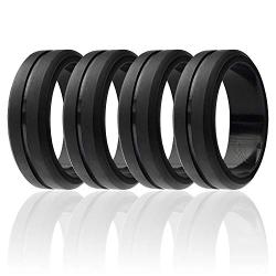 ROQ Silicone Wedding Ring for Men, Elegant, Affordable 8mm Silicone Rubber Wedding Bands, Singles & 4 Pack, Brushed Top Beveled Edges - Black, Metal Silver, Dark Gray