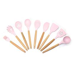 Silicone Kitchenware Set, Wooden Handle Kitchen Set 9 Pieces Natural Acacia Wood Kitchen Tool Set Food Clip Scraper Shovel Spoon Colander, pink