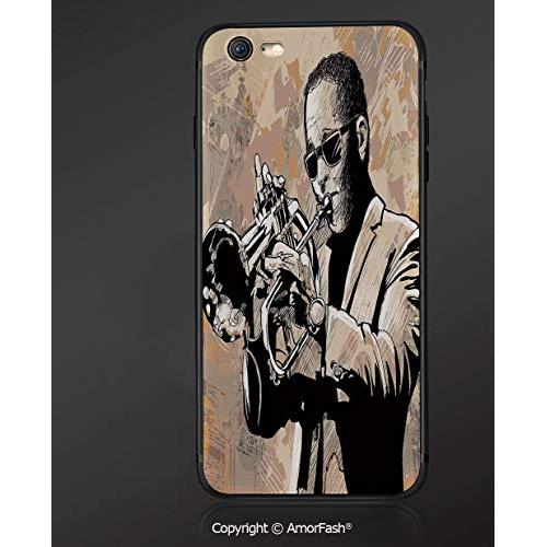 Customized iPhone 6 Case | iPhone 6S Case | Shockproof,Lightweight,Scratch Resistant,Jazz Music,Grunge Style Illustration of African Musician with Sunglasses Playing Trumpet,Beige Black