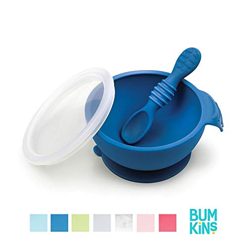 Bumkins Suction Silicone Baby Feeding Set, Bowl, Lid, Spoon, BPA-Free, First Feeding, Baby Led Weaning - Dark Blue