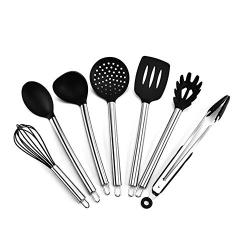 Silicone Kitchenware Set of 7 Cooking Tools Nonstick Cookware Set Including Turner Spaghetti Server Skimmer Serving Spoon Ladle Food Tong Whisk