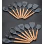 11 Pcs Non-Stick Silicone Kitchen Set - Cooking Utensils Heat Resistant Kitchenware Wooden Handle Turner Spoon Spatulas Stainless Steel Storage