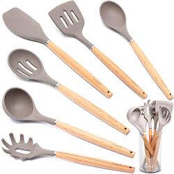 Juvale Bamboo Non-Stick Silicone Kitchen Utensil Cooking Tools 7 Piece Set with Holder