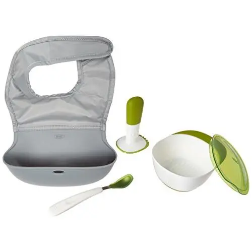 OXO Tot Mealtime On-The-Go Value Set with Roll-up Bib, Food Masher, and Feeding Spoon with Case