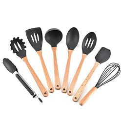 Silicone kitchenware 8 Pieces Silicone Cooking Utensils Kitchen Utensil Set Wooden Handles Cooking Tools For Nonstick Cookware Includes Tongs Soup Spoon Whisk And More Nonstick Heat Resistant Tools