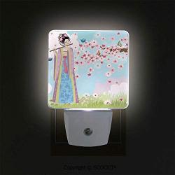 SCOCICI LED Night Light with Smart Dusk to Dawn Sensor, Oriental Girl Near Cherry Blossoms Spring Petals Grassland Japan Art Plug in Night Light Great for Any Dark Room(2 Pack)