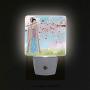 SCOCICI LED Night Light with Smart Dusk to Dawn Sensor, Oriental Girl Near Cherry Blossoms Spring Petals Grassland Japan Art Plug in Night Light Great for Any Dark Room(2 Pack)