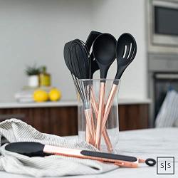 Black Silicone and Copper Cooking Utensils for Modern Cooking and Serving, Stainless Steel Copper Serving Utensils Ideal Spatulas for Non Stick Cookware