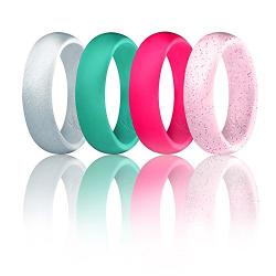 ROQ Silicone Wedding Ring for Women, Affordable Silicone Rubber Wedding Bands, 7 Packs, 4 Pack & Singles - Glitters & Metallic - Rose Gold, Silver, Pink, Black, Blue