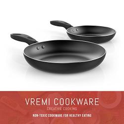 Vremi 15 Piece Nonstick Cookware Set - Durable Aluminum Pots and Pans with Cooking Utensils - Oven Safe Multi Quart Enameled Saucepans Dutch Ovens and Fry Pans with Glass Lid - Black