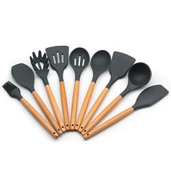 YILUYC Silicon Utensils for Cooking, Kitchenware Set of 9 with Wooden Handles Environmentally Friendly Silicone High Temperature Resistance Gray