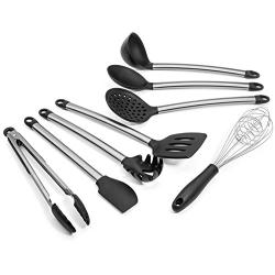 Elite KitchenwareTM Stainless Steel Kitchen Utensils, 8 Piece Silicone Cooking Utensil Set With Turner Spatula, Serving Spoon, Pasta Server, Flex Spatula, Deep Ladle, 2 Stage Whisk, Strainer & Tongs