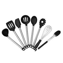 Kitchen Utensil Set,8Pcs Stainless Steel Cooking Tools Nonstick Non-Scratch Heat Resistant Silicone Kitchenware Set - Black