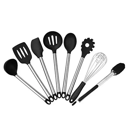 Kitchen Utensil Set,8Pcs Stainless Steel Cooking Tools Nonstick Non-Scratch Heat Resistant Silicone Kitchenware Set - Black