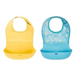 OXO Tot Waterproof Silicone Roll Up Bib with Comfort-Fit Fabric Neck, 2 Pack, Yellow/Aqua Pattern