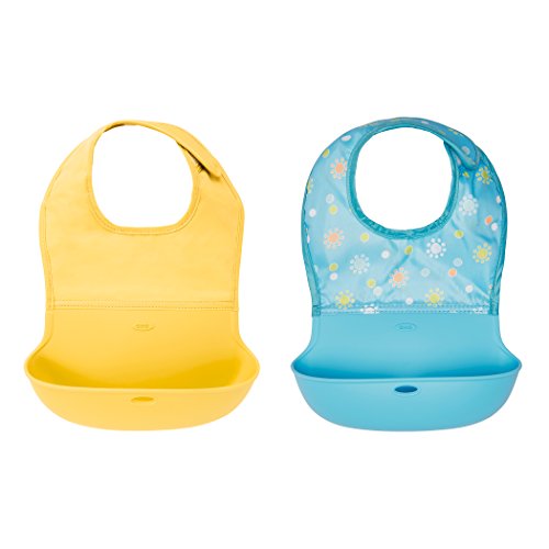 OXO Tot Waterproof Silicone Roll Up Bib with Comfort-Fit Fabric Neck, 2 Pack, Yellow/Aqua Pattern