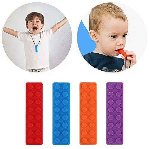 RTMOK Sensory Chew Necklace Pendant, 4 Pack Silicone Textured Chewing Brick Oral Motor Teething Biting Chewy Toys Gift for Autism ADHD Anxiety Toddlers Boys Girls Strong Chewers