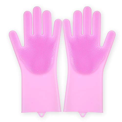 Dish Washer Gloves, Magic Saksak Silicone Cleaning Gloves, Reusable Silicone Heat Resistant Gloves for Dust Wiping, Scrubbing Kitchenware, Toilet, Bathtub, Floors and Pet Hairs (Pink)