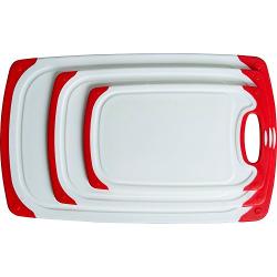 CC Boards 3-Piece Nonslip Cutting Board Set: Red and white plastic kitchen carving boards, each with juice groove and nonskid handle; dishwasher safe